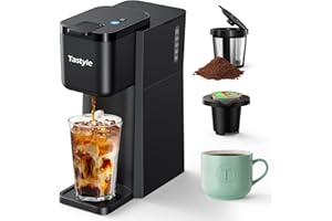 Tastyle Mini Hot and Iced Coffee Maker Single Serve, for K Cup and Ground, 6 to 14 Oz Brew Sizes, with Recipe Book, for Home, Travel, RV, Office and Dorm, Classic Black (2.0 Version)