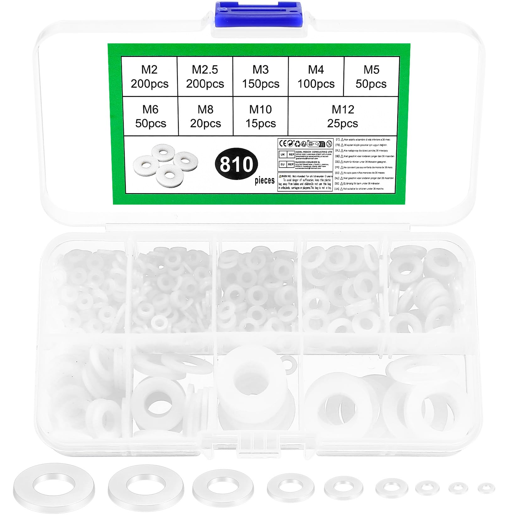 810 Pcs Nylon, White Plastic Washers Plastic Spacers, Assorted Washers, Flat O Ring Assortment, Round for Screws Bolts Plumbing Repair, M2 M2.5 M3 M4 M5 M6 M8 M10 M12