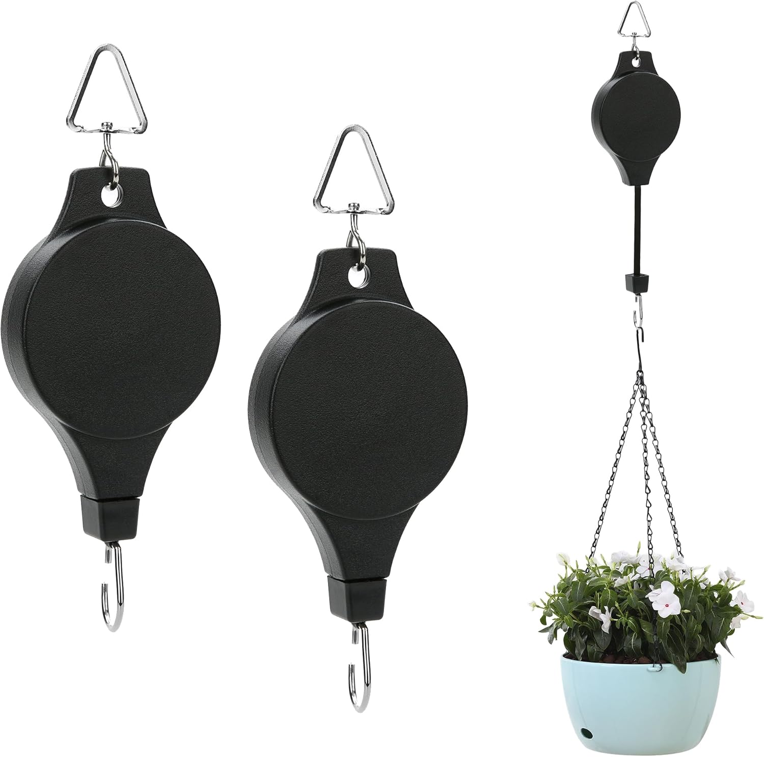 Outdoor Hanging Brackets - 2 Pack Retractable Plant Hanger, Plant Pulley Hook Adjustable Height Wheel Hanging Basket Hook Easy Reach Hanger for Garden Hanging Plants Heavy Duty Baskets, Flower Pots, Birds Feeder - Black