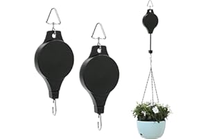 LUCKJUJU 2 Pack Retractable Plant Hanger, Plant Pulley Hook Adjustable Height Wheel Hanging Basket Hook Easy Reach Hanger for Garden Hanging Plants Heavy Duty Baskets, Flower Pots, Birds Feeder - Black
