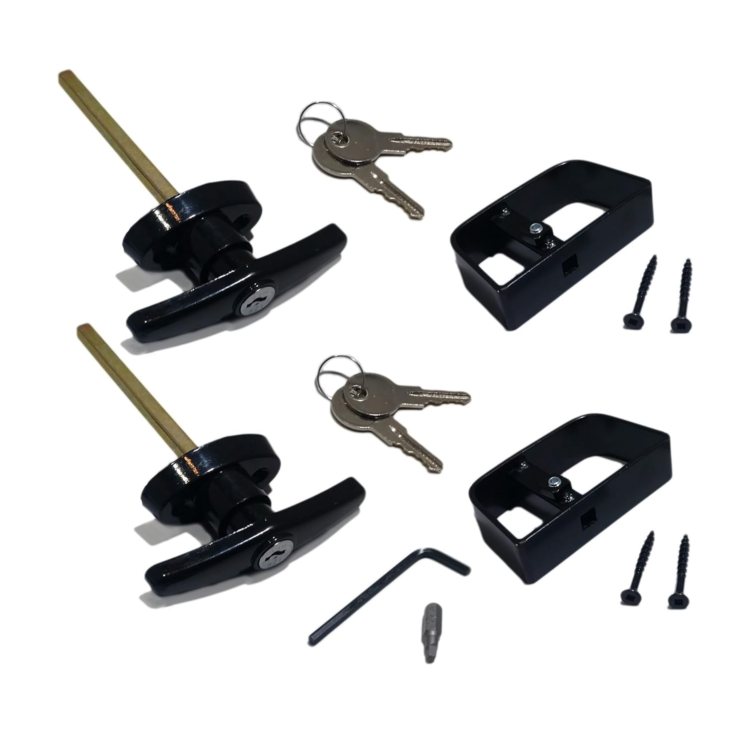 Keyed Alike Pair of Shed Door T-Handle Locks - 4-1/2" Stem Length, Includes 2 Handles, 4 Keys, 4 Screws, Square Bit, Allen Wrench, Shed Lock, Barn Door Lock, Playhouse Lock & Chicken Coop Lock (Black)