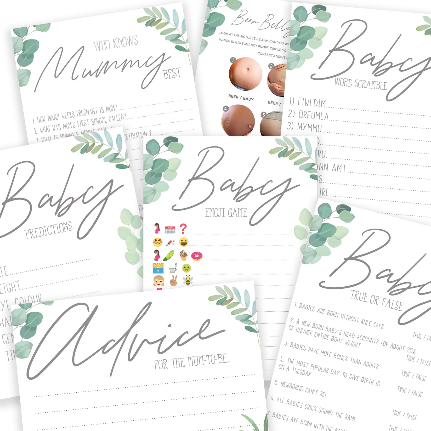 The Little Party Company Baby shower Games - Botanical Boho Theme Ultimate Value Bundle Game Pack- 7 Games in 1 pack-Neutral Baby shower games-Botanical Leaf Design (Bot7in1)…
