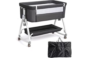 JOYMOR 3 in 1 Baby Bassinet, Bedside Bassinet for Baby, with Comfy Mattress and Wheels, 6 Height Adjustable Easy Folding Portable Bedside Crib for Newborn (Black)