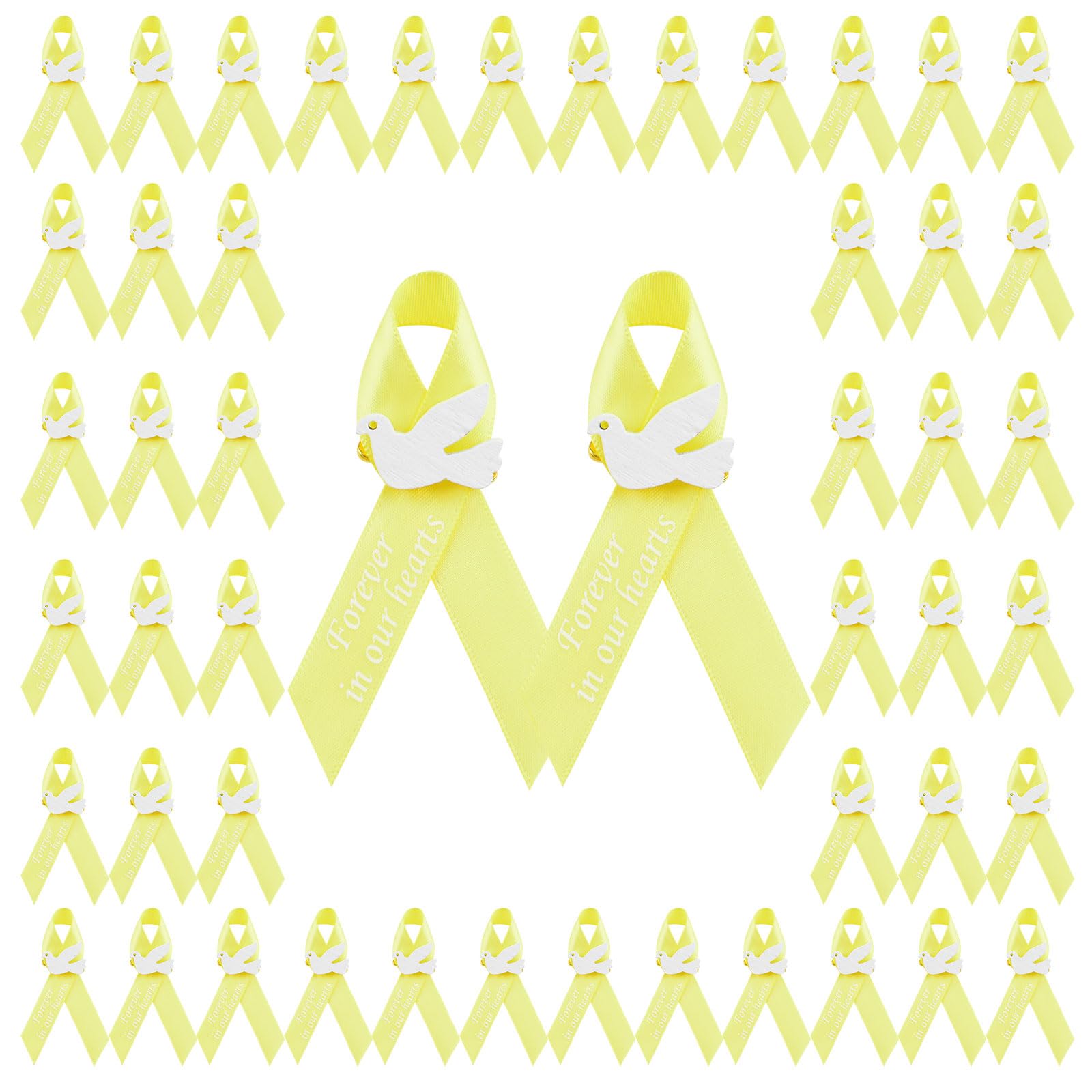 WANDIC 100 PCS Yellow Satin Ribbon Pins with Dove,Sarcoma Awareness Badges Bone Cancer Brooches Memorial Ribbon Badges in Forever in Our Hearts for Funeral Mourning Event Bereavement Remembrance