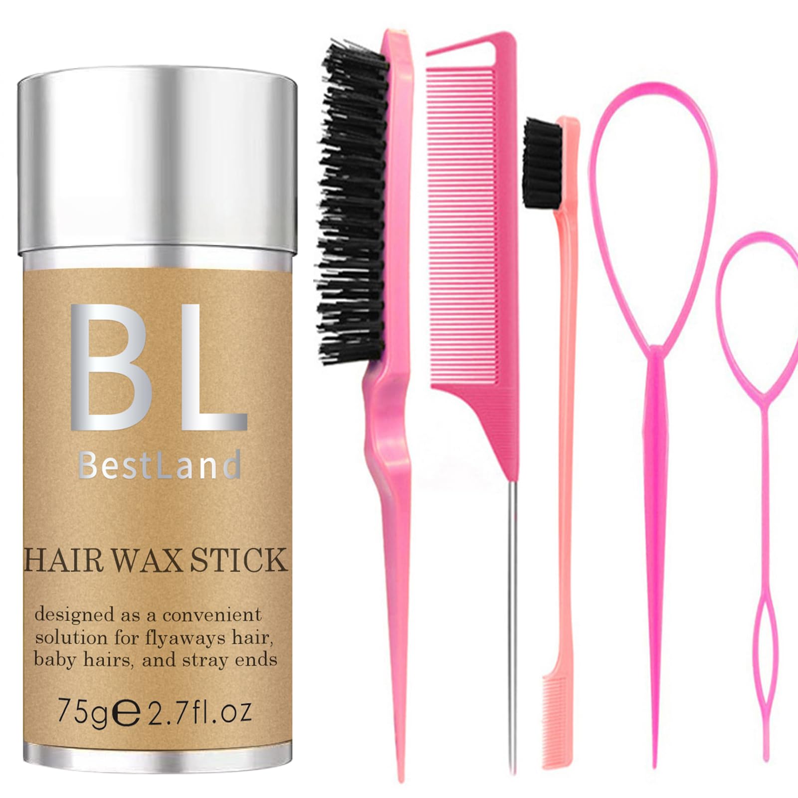 Hair Wax Stick & Pink Brush Set for Hair Edge Frizz Control Anti-Frizz Non-greasy Broken Hair Styling Finishing Wax Stick Men Women Styling Products