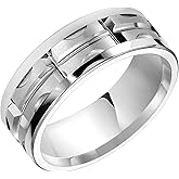 Brilliant Expressions Men’s Tungsten Carbide Wedding Band – 8mm White Tungsten & Silver Matrix Design Ring with Brushed Center, Flat Profile, Comfort Fit, Scratch Resistant & Hypoallergenic