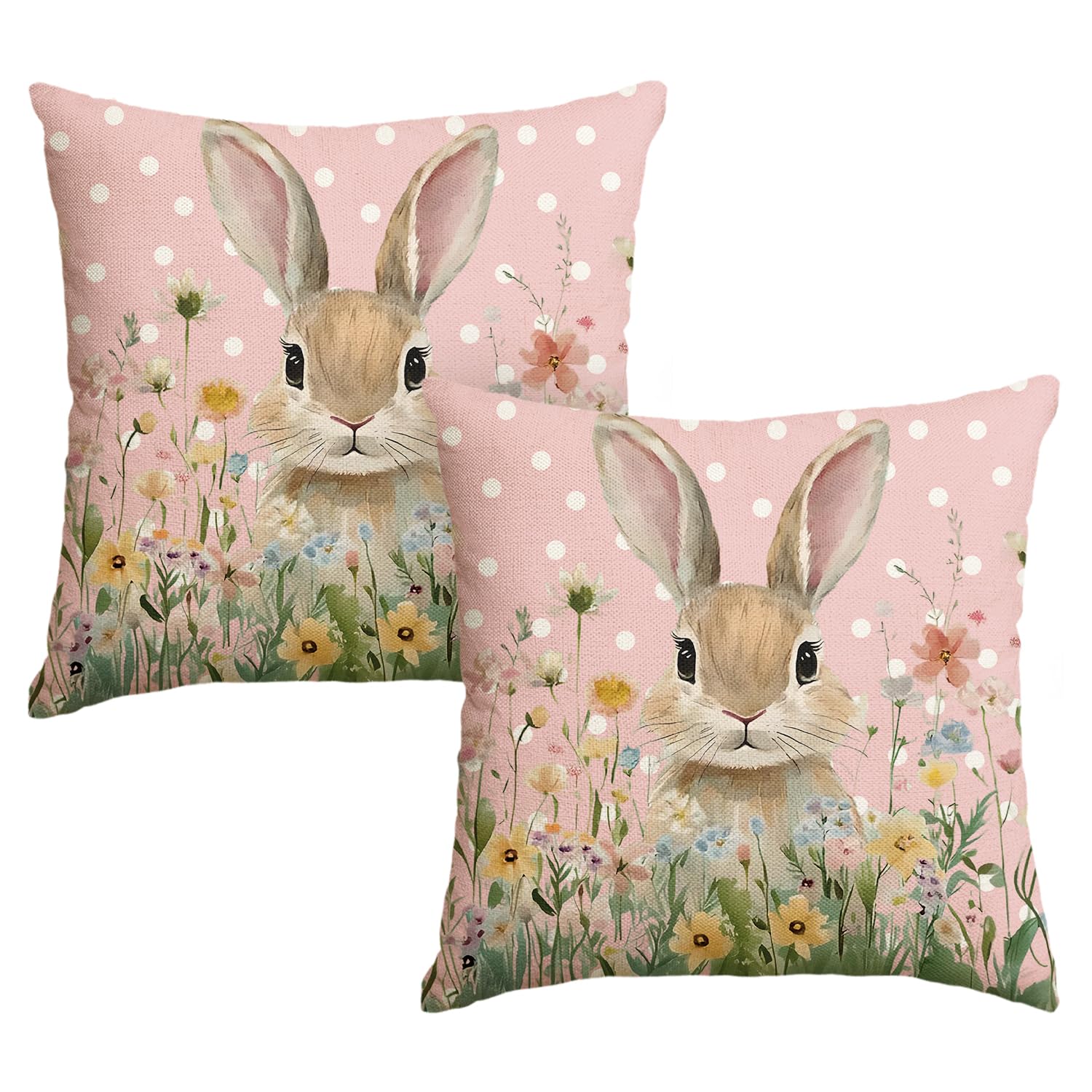 AVOIN colorlife Easter Bunny Wildflowers Throw Pillow Covers, 18x 18 Inch Pink Polka Dot Cushion Case Decoration for Sofa Couch Set of 2