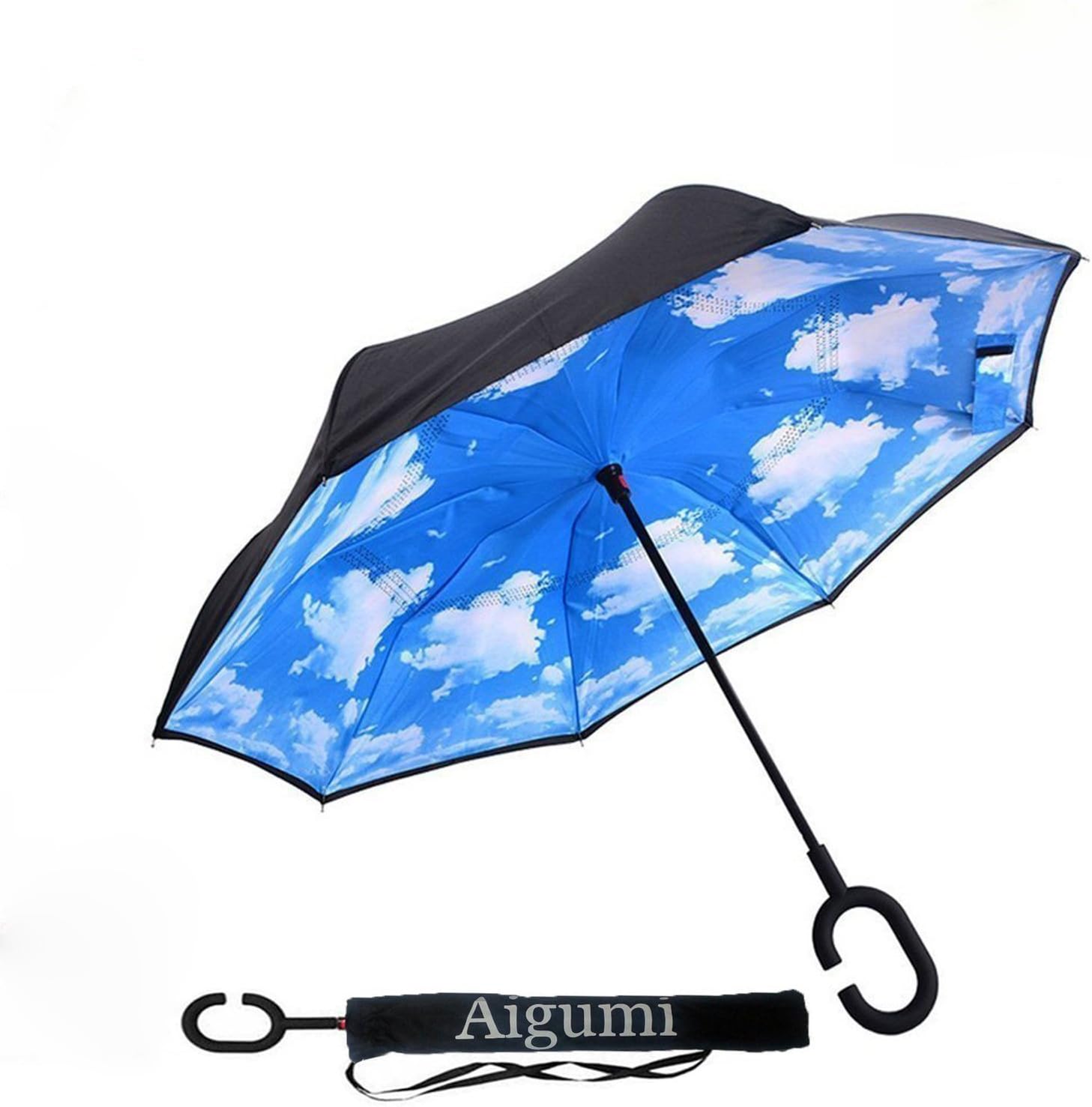 AIGUMI Inverted Reverse Windproof Umbrella Self Standing Waterproof Reverse Folding Double Layer Inverted Travel Umbrella