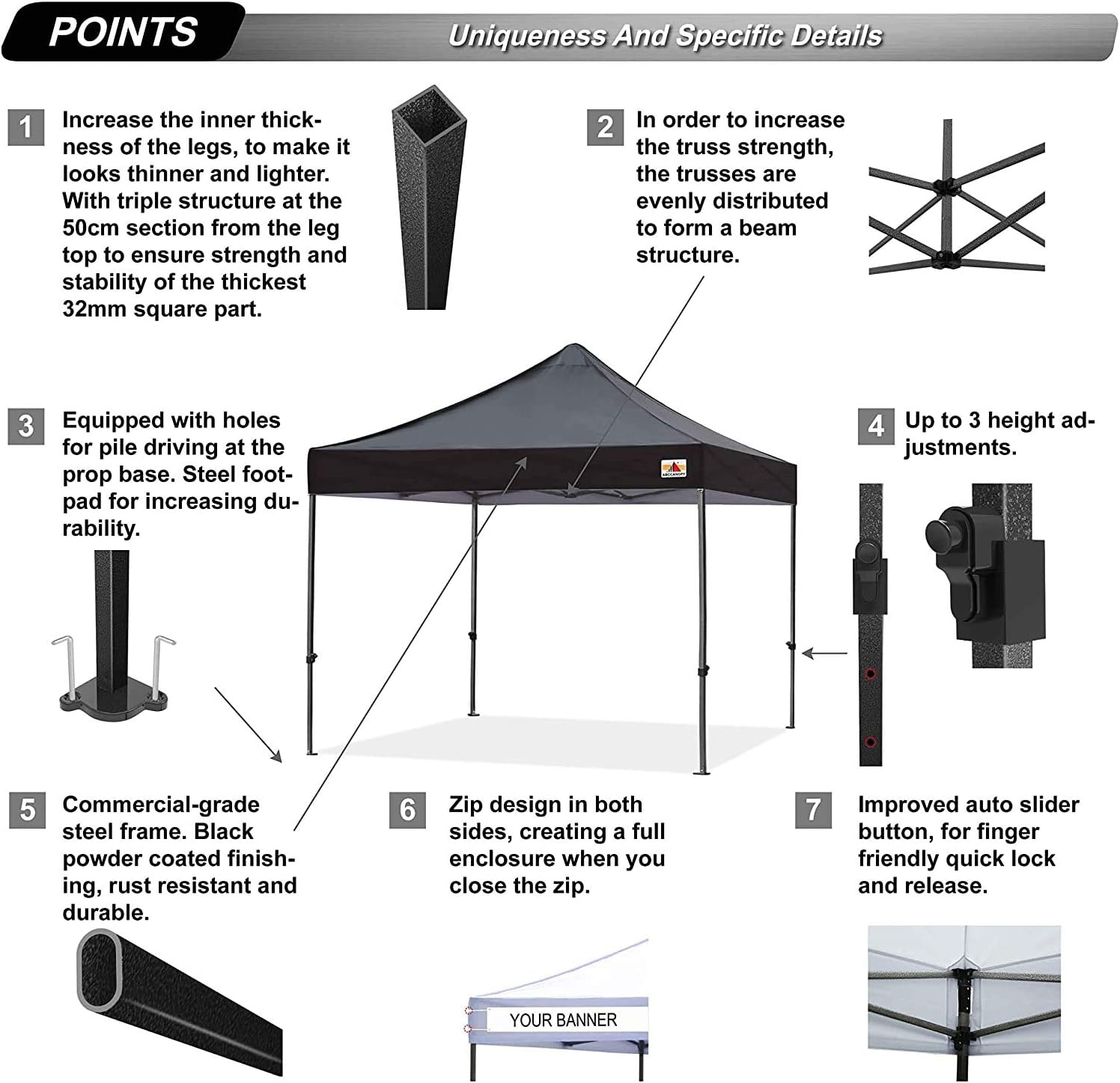 ABCCANOPY 2.5x2.5M Heavy Duty Pop Up Gazebo With Upgraded Roller Bag, 4 Weight Bags, Stakes and Ropes (Black) - Image 5
