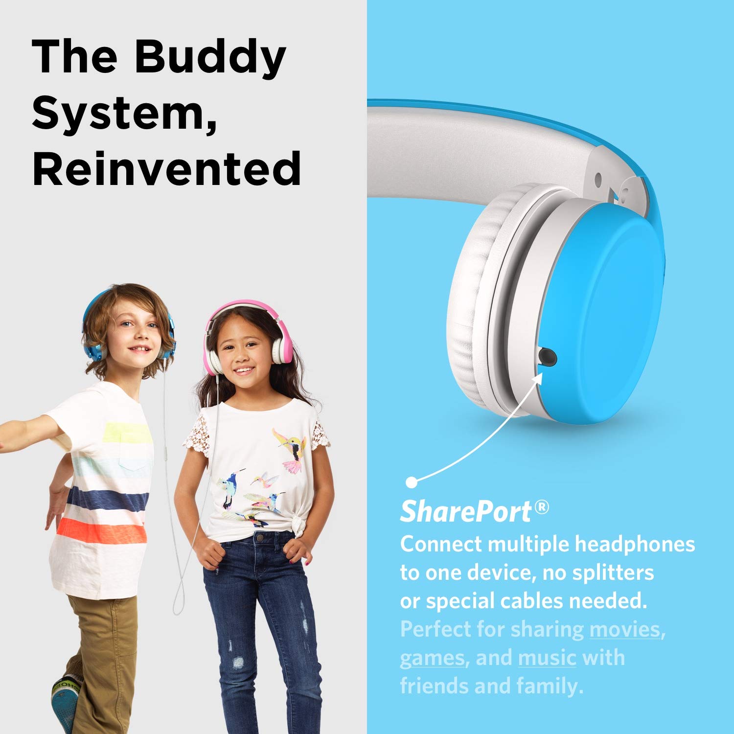 LilGadgets Connect+ Wired Kids Headphones for School w/Microphone, Volume Limiting & Noise Reduction On-Ear Headset w/Cord, SharePort Technology & SoftTouch Padding, Blue - Headphones Wired for Kids