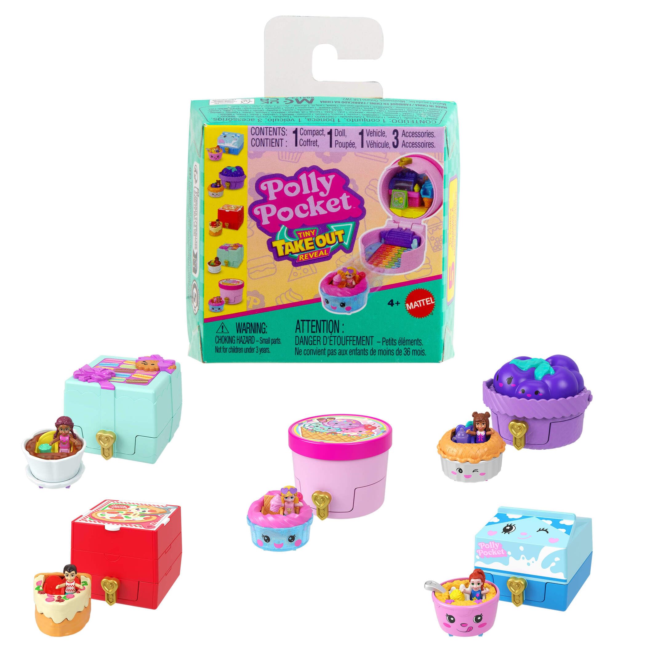 Polly Pocket Micro Dolls & Compacts with Toy Cars, Food Theme Vehicle Collection, Tiny Take Out Reveal Assortment with Surprises, JCR44