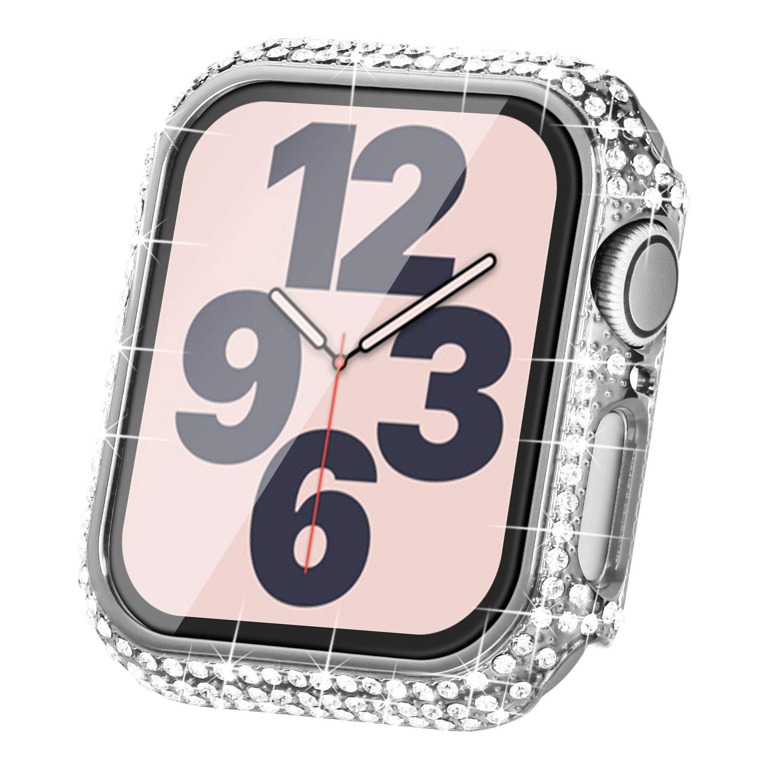 Surace Apple Watch Case 44mm Series 6/5/4, Triple Cubic Zirconia Halo, Over 200 Crystals, Bling, Protective Cover Bumper, Silver