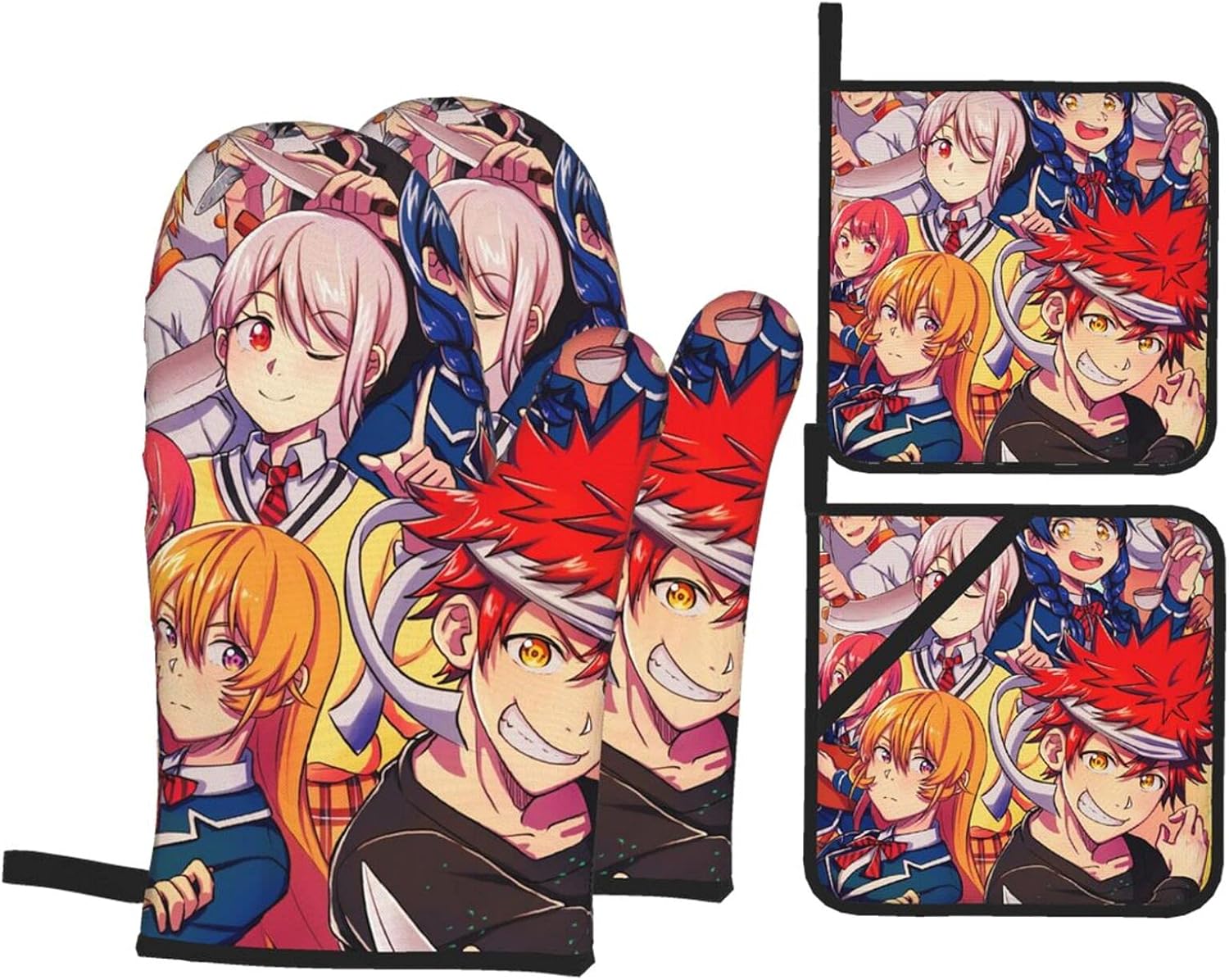 BattLeo Anime Food Wars Shokugeki No Soma Oven Mitts and Pot Holders Sets 4-Piece, Fireproof Non-Slip Surface Cooking Hanging Gloves, for Baking Grilling BBQ