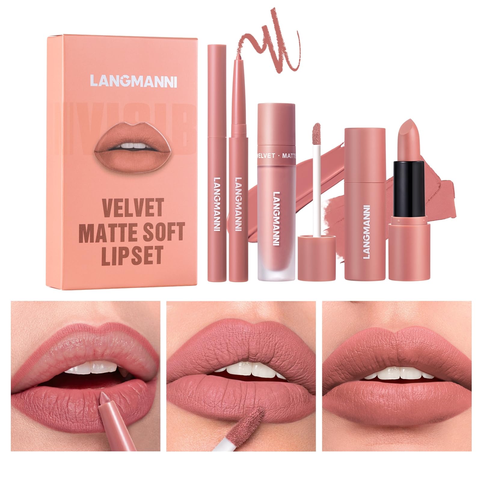 3PCS Matte Liquid Lipstick Lip Gloss & Liner Set - All-IN-One Lip Kit, Velvety Nude Color, Waterproof Make Up Set (# 01)