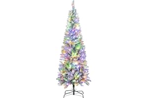 HOMCOM 6ft Flocked Prelit Christmas Tree with Dual Colour LED Light, Pencil Shape, Hinged Xmas Tree with 11 Light Modes, Meta