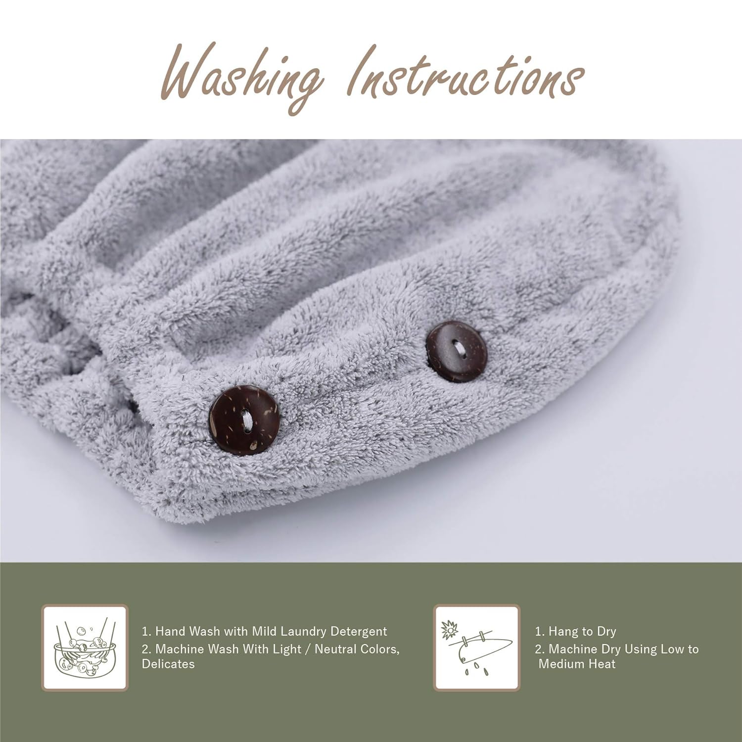 myHomeBody Ultra-Soft, Fast Drying Hair Towel Wrap with Elastic for Snug Fit, Natural Bamboo Fiber Hair Drying Scrunchie with 2 Coconut Shell Buttons : Beauty