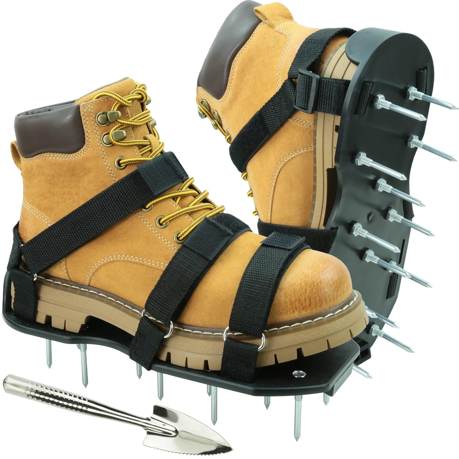 Lawn Aerator Shoes with Dual Straps On Instep & Shovel Heavy Duty Spiked Aerating Sandals Shoes Effective Aerating Universal Size Pre-Assembled Lawn Scarifier and Aerator for Lawns Yard Garden Grass