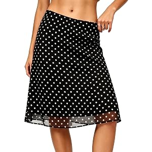 ELLEVEN Low Rise Midi Skirts for Women， Polka Dot Knee Length Mesh Skirt | Fully Lined 、A-Line、Flowy Cute Skirt 、Lightweight