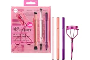 Real Techniques Double Time Brush + Lash 4 Piece Set, Dual-Ended Eye Makeup Brushes For Eyeshadow & Brows, Travel-Friendly Brush Caps For Storage, Eyelash Curler Included, Cruelty-Free