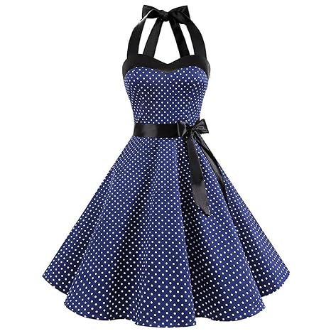 TEBAISE Damen Vintage Retro 1950er Rockabilly Neckholder Kleid Knielang Polka Dots Elegant Festlich Cocktailkleider Sommer Ka