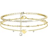Silver/Gold Ankle Bracelet For Women Dainty Layered Waterproof Bead Tennis Anklet Set Non Tarnish Adjustable Love Heart Beach Jewelry