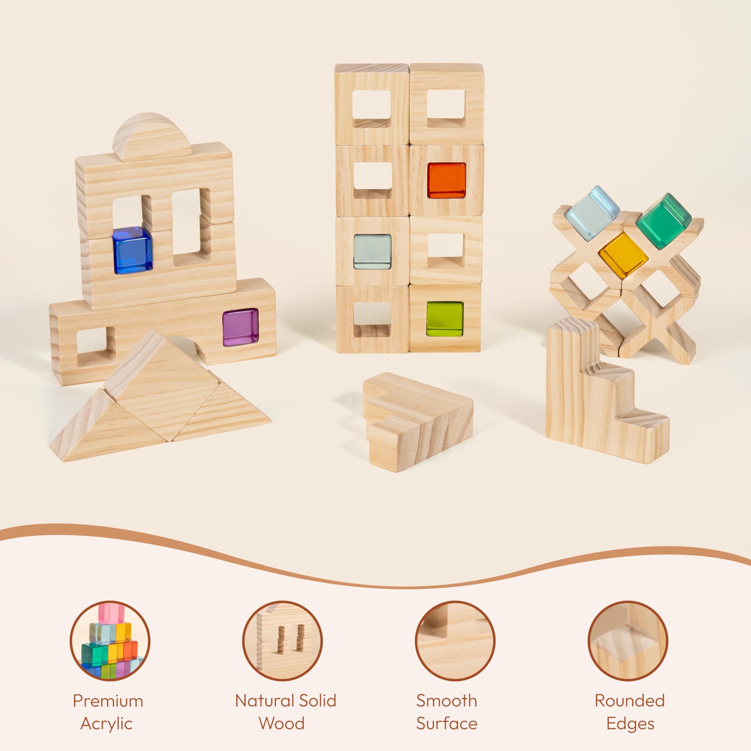 Woodtoe Wooden Rainbow Building Blocks Set for Kids, 22 PCS Wooden Blocks & 25 PCS Gem Cubes Stacking Blocks, Montessori Stacking Toys for Toddlers, Educational STEM Christmas Toys for Boys Girls 3-6