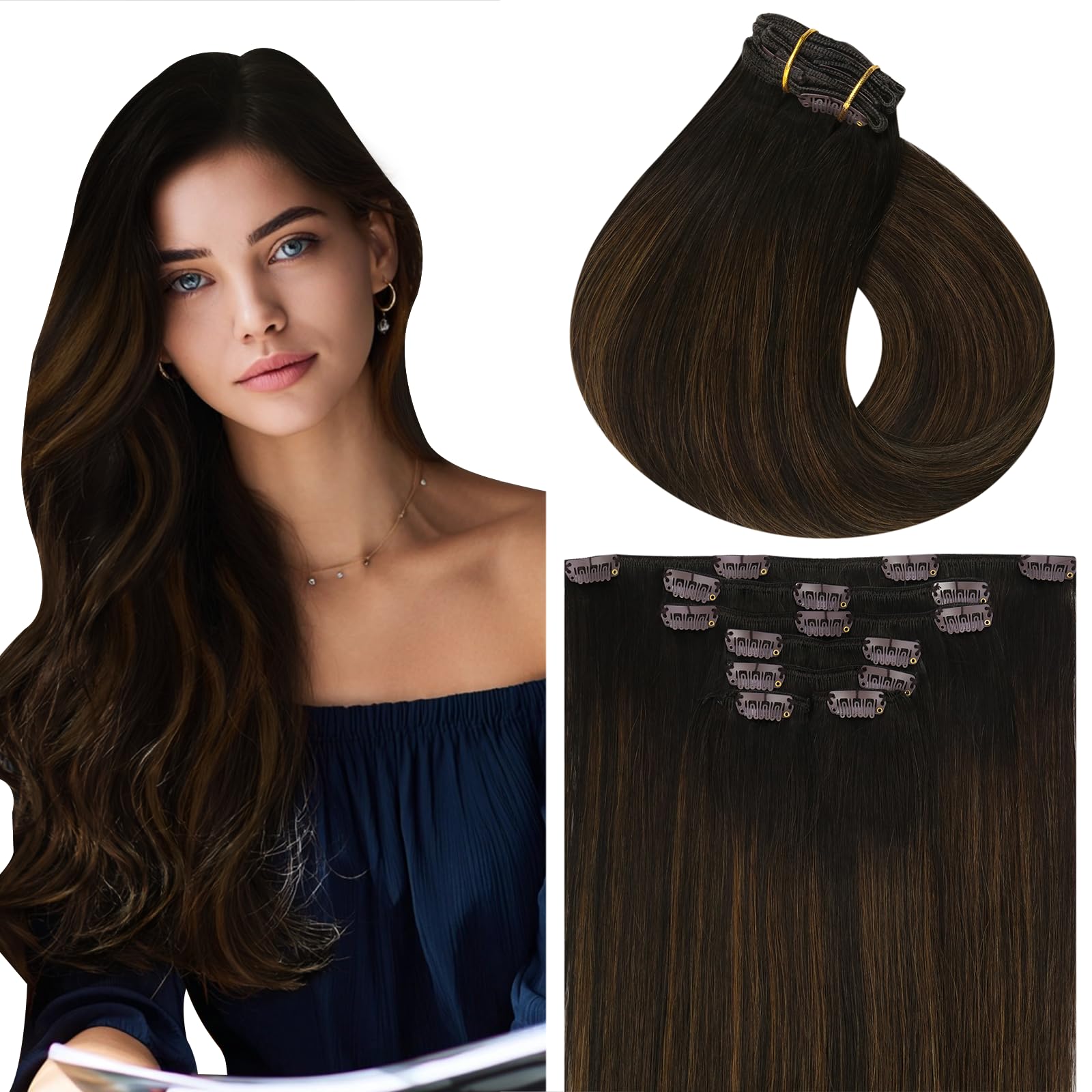 Vivien Clip in Extensions Real Human Hair Dark Brown Balayage Light 16inch Hair Extensions Clip ins Brown Ombre Full Head Invisible Soft 120g 7pcs #2/8/2