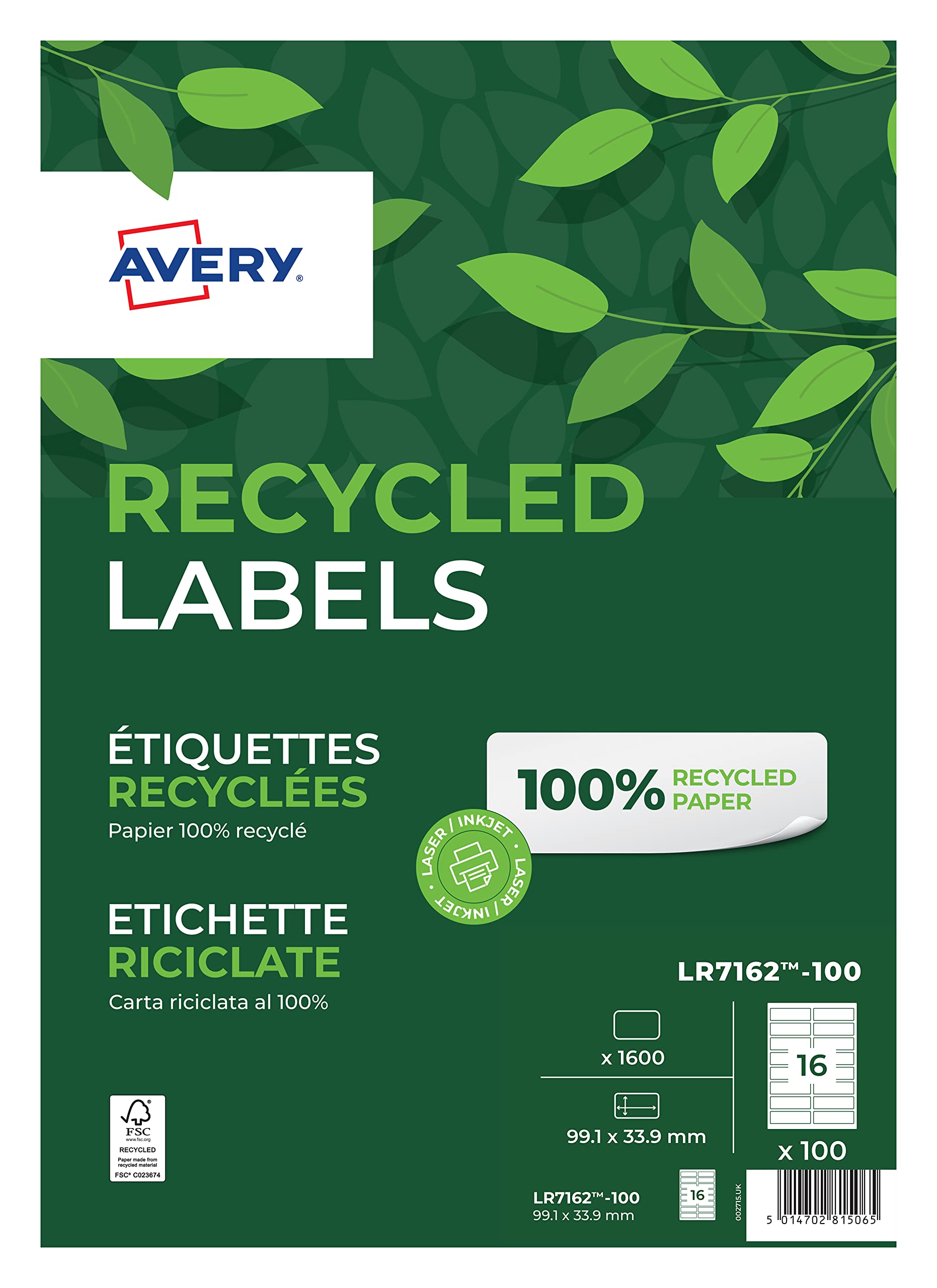 Avery Printable, Customisable Recycled Address Mailing Labels, Laser Printers, 16 Labels Per A4 Sheet, 1600 per Pack, QuickPEEL (LR7162-100)