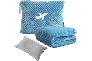 Nenolix Travel Blanket Airplane Compact with Bag, Travel Essentials 3 in 1 Packable Airplane Blanket, Travel Pillow and Blanket Set, Inflatable Pillow, Luggage Sleeve & Backpack Clip (Slate Blue)