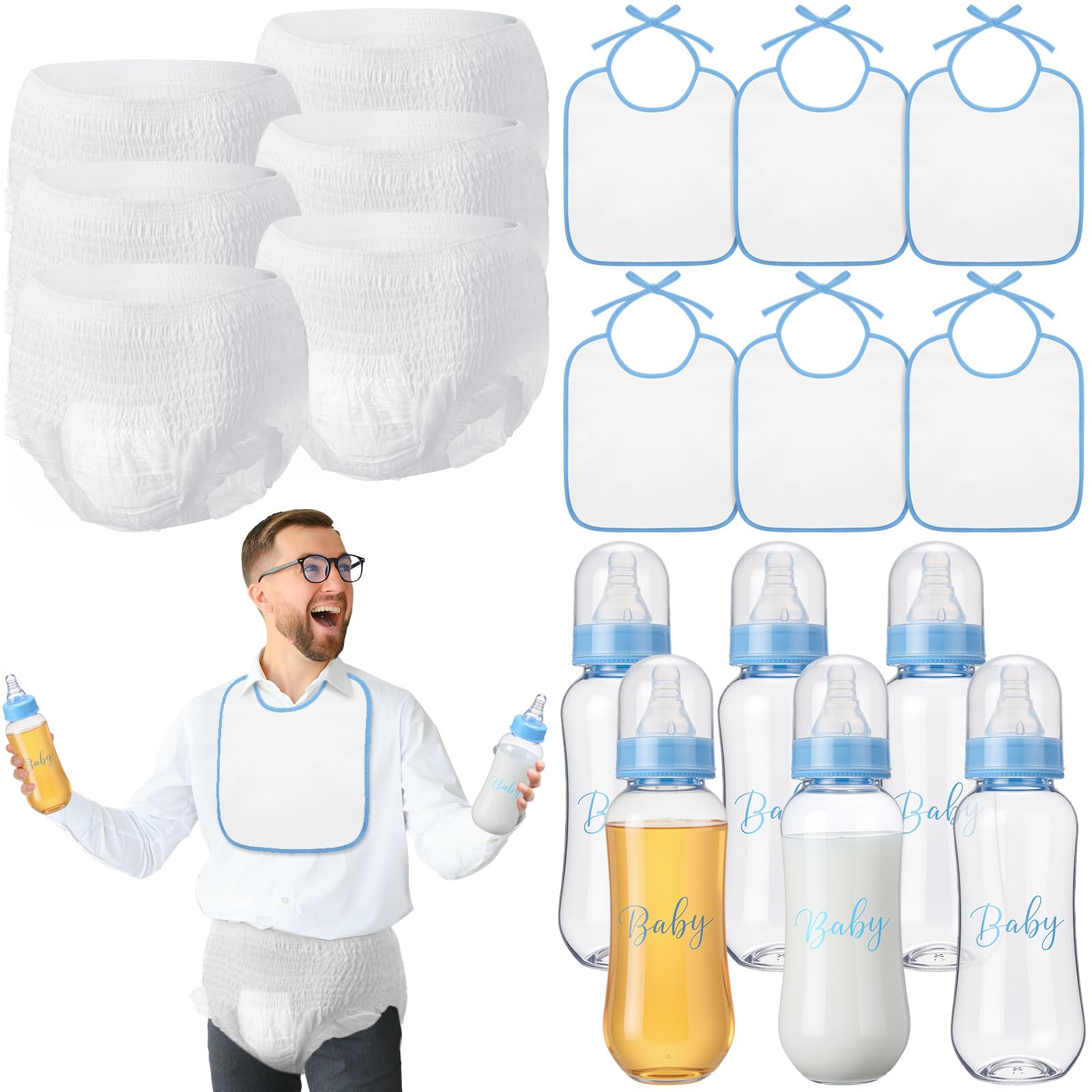 Photo 1 of 6 Sets Bottle Chug Baby Shower Games Juegos Para Plastic Baby Bottles Bibs Disposable Diapers Gender Reveal Games Baby Changing Diaper Race Game Decoration (Blue)