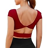 DaiLiWei Open Back Workout Tops for Women Short Sleeve Longline Sports Bras Support Crop Tank Yoga Shirts with Built in Bra