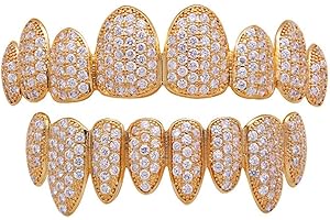 canjoyn 18K Gold Silver Pave Full CZ Grillz 8 Teeth Top and Bottom Grillz + Extra 2 Molding Bars