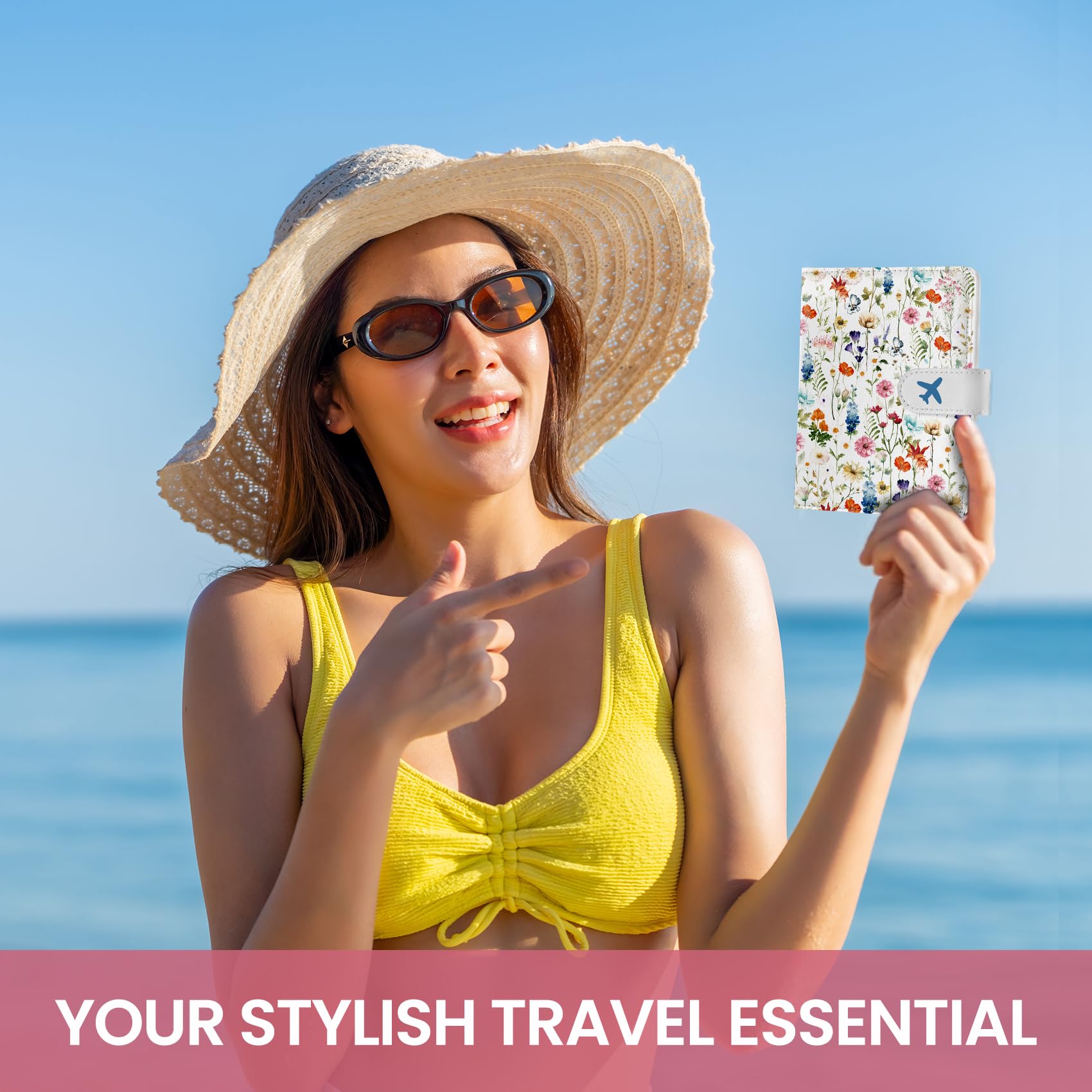 Passport Holder for Travel Essentials, RFID Blocking Leather Cover Wallet with Magnetic Closure, Aesthetic & Cute Passport Book Case for Women and Men - Wildflower