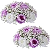 BLOSMON Fake Flowers Ball Centerpieces: 2 Pcs Lilac Rose Babys Breath Artificial Flowers Decoration for Wedding Table - Faux Silk Kissing Floral Bouquet Arrangements for Home Party DIY Decor