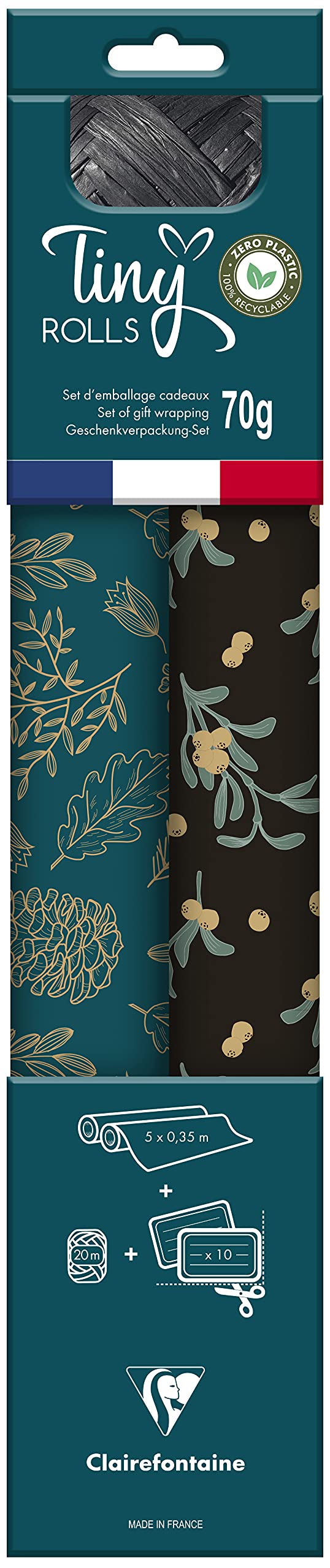 Clairefontaine 223889C - Zero Plastic Gift Wrapping Kit - 2 Rolls Recycled Kraft Wrapping Paper 5mx35cm - Roll of Ribbon 20m + 10 Die-Cut Gift Tags Blue/Black