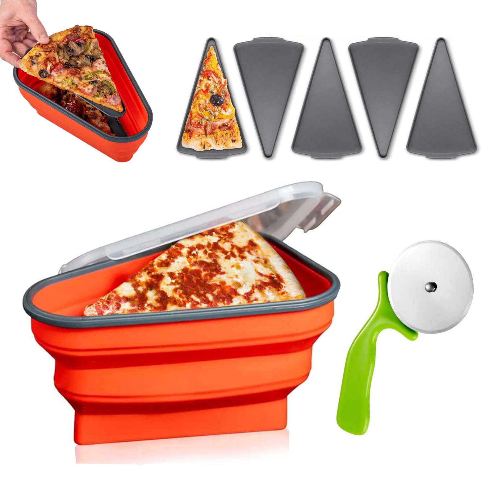 Collapsible Pizza Storage Container - Reusable Silicone Box with Cutter Wheel & 5 Microwavable Trays, Leftover Food Holder, Tortilla Wrap Storage, BPA-free Saver (Red)