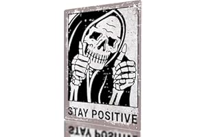 Vintage Stay Positive Skull Sign Metal Tin Poster Wall Décor Funny Retro Sign for Home Living Room Bedroom Halloween Party In