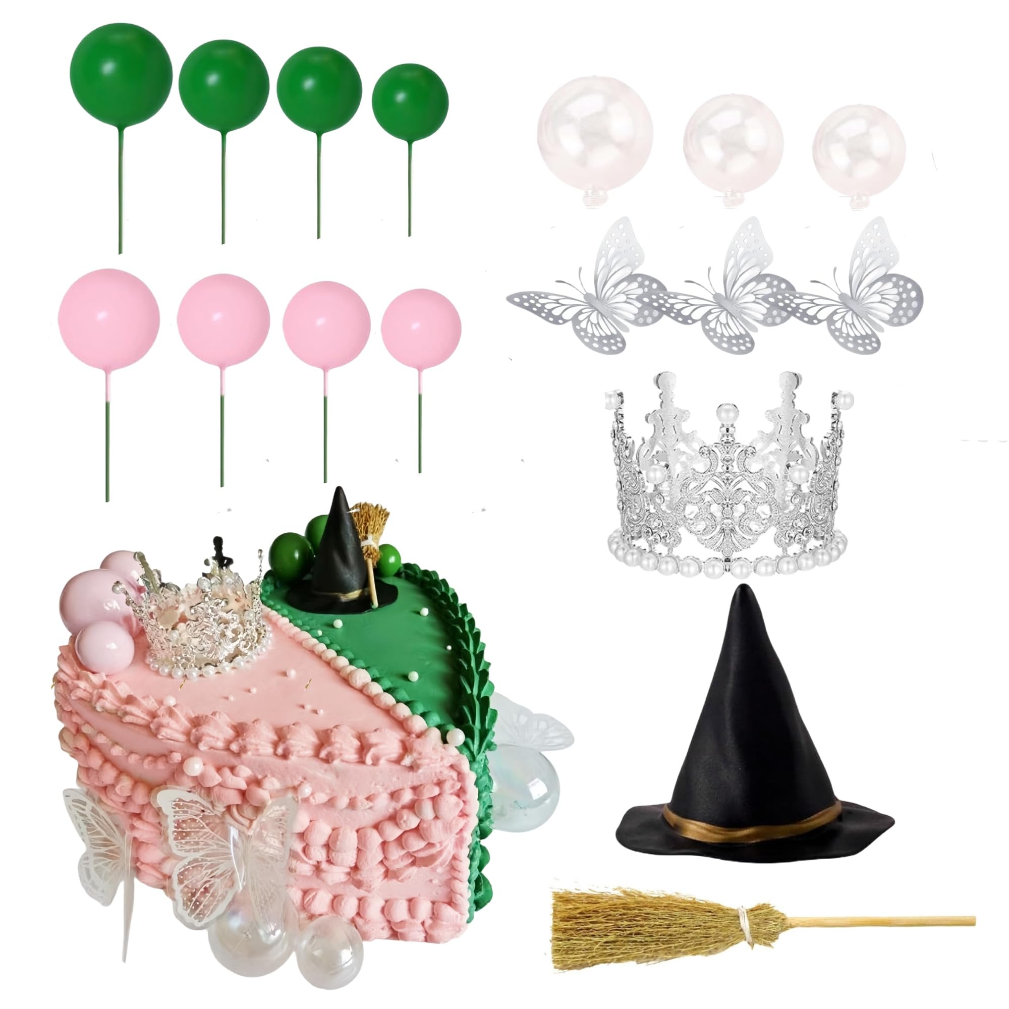 Photo 1 of Uchyius Witch Theme Party Cake Topper, Pink and Green Party Decrations, Mini Crown Witches Hat for Birthday Cake Supplies