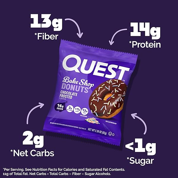 QUEST NUTRITION BAKE SHOP, CHOCOLATE FROSTED DONUTS, 14G PROTEIN, LESS THAN 1G SUGAR, PROTEIN SNACK, LOW SUGAR, 4 COUNT