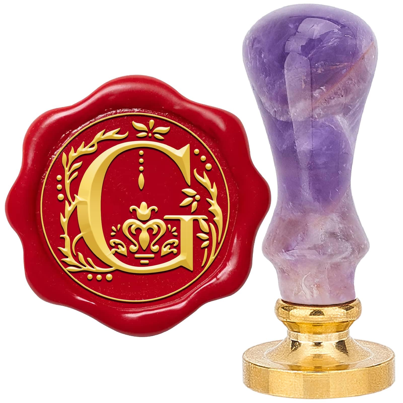 CRASPIRE Letter G Natural Stone Wax Seal Stamps Handle Purple Crystal 25mm Removable Vintage Initial Brass Sealing Stamp Heads Retro for Wedding Envelopes Invitations Card DIY Craft Gift Wrapping