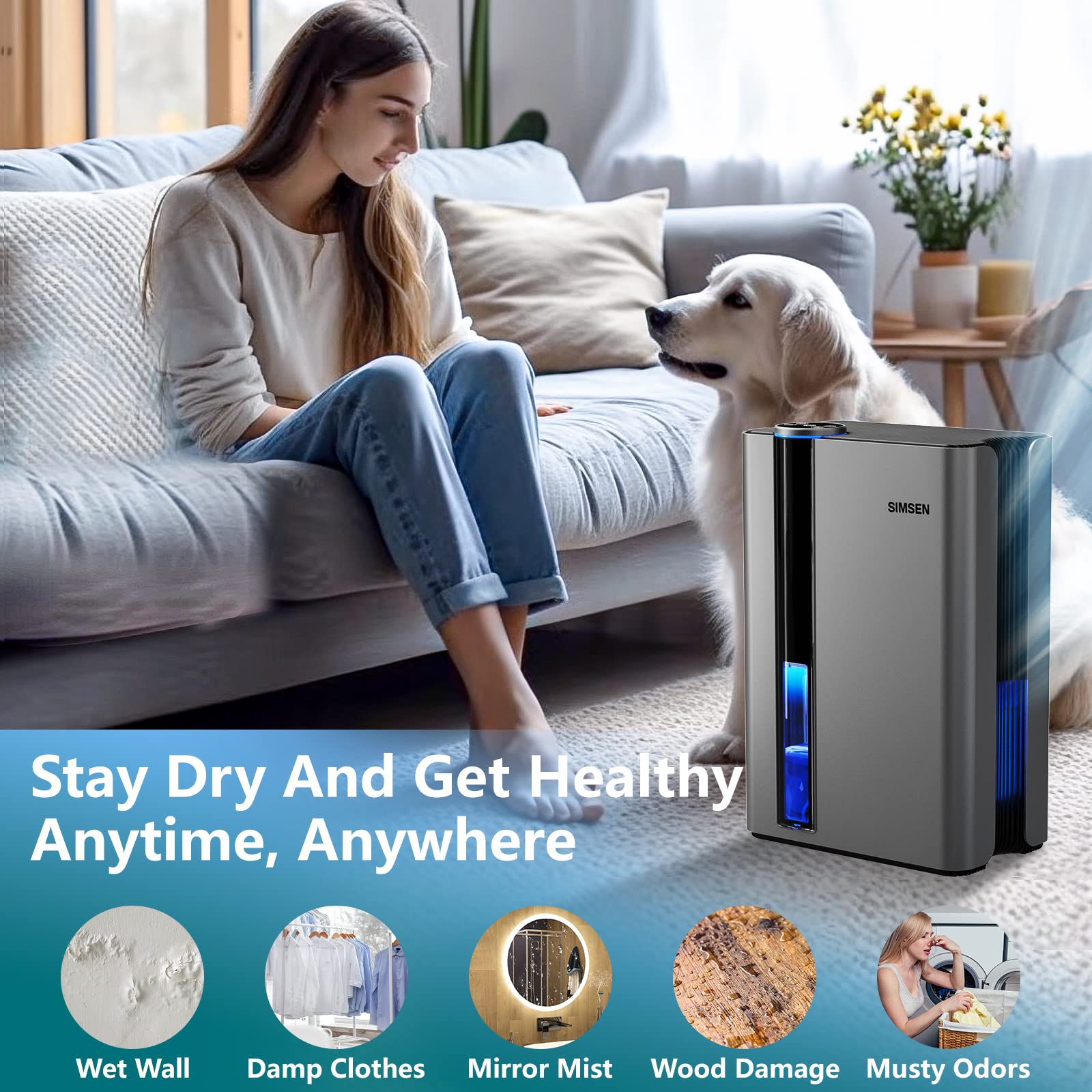 Simsen 95oz Dehumidifiers for Home, 800 sq ft Dehumidifier Reusable Filter, Small Dehumidifier with Drain Hose, Dehumidifiers for Bedroom Bathroom Basements Closet RV