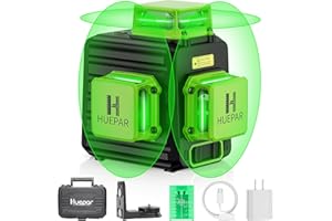 HUEPAR Laser Level 360 Self Leveling, Rechargeable 3D High Brightness Green Laser 3x360° Best Laser Leveler Tool for Construction and Picture Hanging, Strong Magnetic Bracket & Hard Suitcase -B03CG