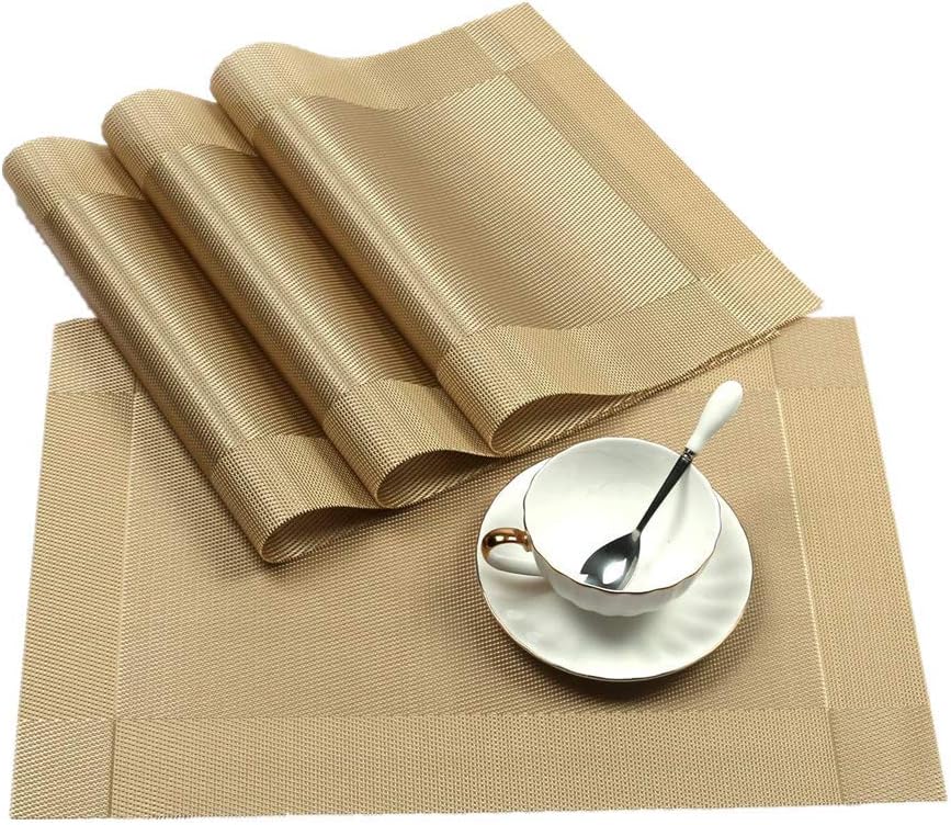 XIGUI Placemats12x18 Inch, Heat-Resistant Place mats,Stain Non-Slip Washable PVC Table Mats Woven Vinyl Placemat,Kitchen Dining Table Mats Set of 8 Gold