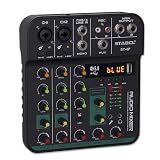 4 Channel Audio Mixer Board, Sound Board Mixing Console with Digital USB Bluetooth 48V Phantom Power and Echo, Small Sound Mixer Interface for Pc, DJ Mixer for Podcasting