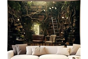QGHOT Library Tapestry Misty Witchy Fantasy Forest Wall Tapestry Large Book Tree House Medieval Tapestries for Study Room Bedroom Home Wall Art 90x70in