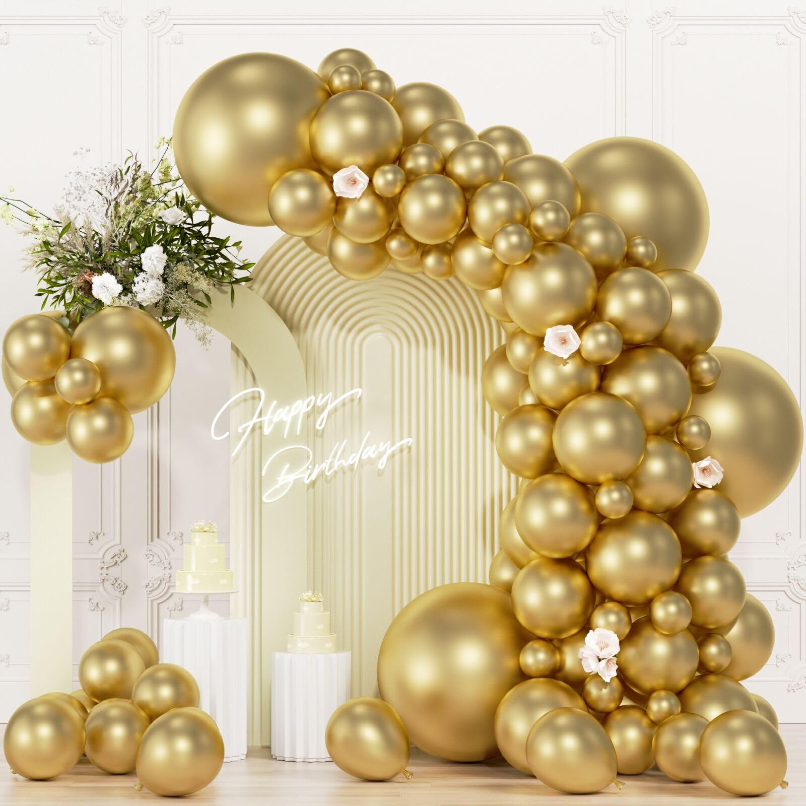 Photo 1 of 104pcs Metallic Gold Balloons - 18/12/10/5 Inch Chrome Gold Latex Balloons Garland Arch Different Sizes Pack for Birthday, Wedding, 2026 New Year's Eve Party Decorations