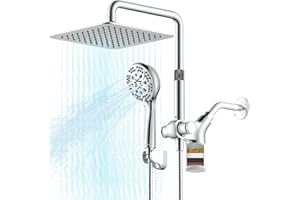 Ryamen Upgraded Dual Shower Heads Combo, 10 inch Filtered Shower Head with Handheld, 3-Way Rain Shower Head with Filters, 7 Settings Handheld Spray, High Pressure, Height Adjustable (Silver)