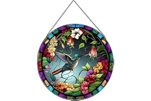 Payutou Hummingbirds and Flowers Pattern Suncatcher Stained Glass,Hanging Stained Glass for Windows,20cm/7.87inch Hand-Painte