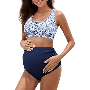 Zando High Waist Maternity Swimsuit Two Piece Pregnancy Bikini for Women | Nursing friendly Swimwear with Button Down, Adjust