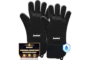 Anaeat BBQ Grilling Gloves Heat Resistant, Versatile Waterproof Cooking Gloves - 100% Cotton Lining Silicone Oven Mitts, Flexible Potholder for Barbecue, Baking - Thick Long Wrist Protection (Black)